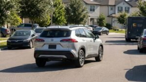 Toyota Corolla Cross Hybrid compact hybrid SUV exterior driving in the USA