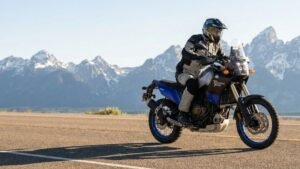Yamaha Ténéré 700 adventure bike riding on highway and off-road terrain in the USA