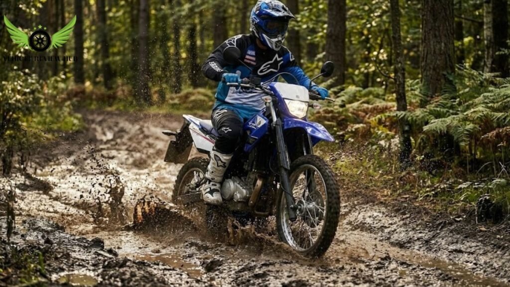 Yamaha WR125R riding through an off-road forest trail
