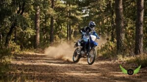 Yamaha WR125R dual sport motorcycle riding on a dirt trail showing performance capability