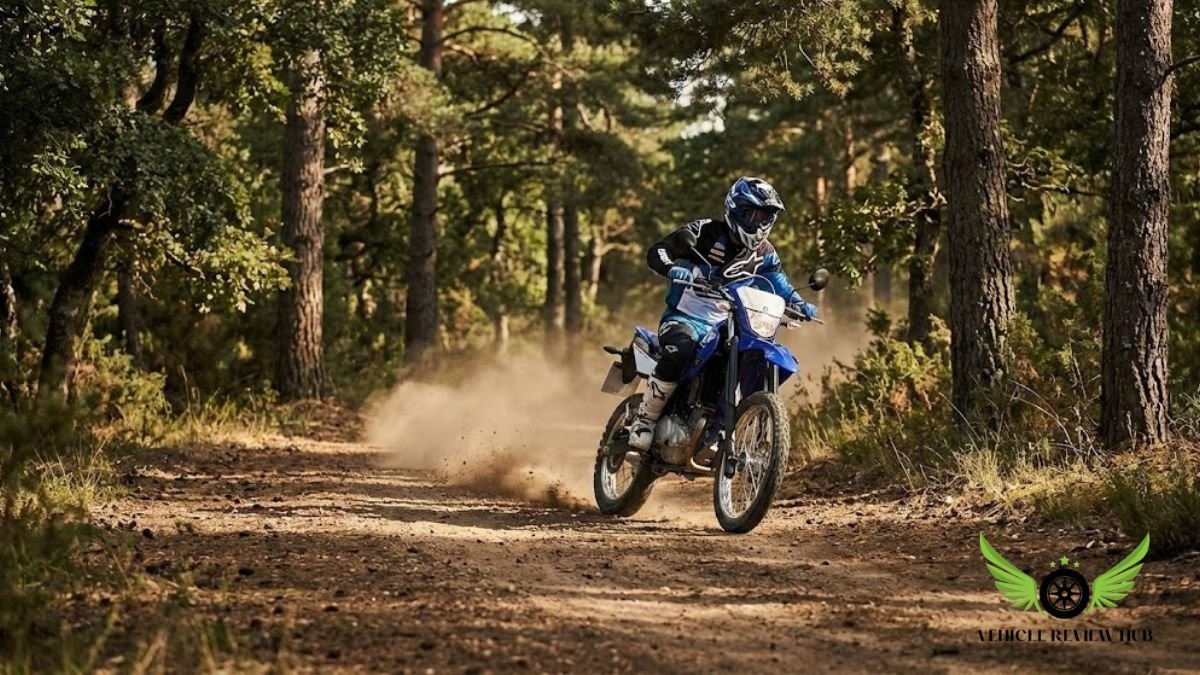 Yamaha WR125R dual sport motorcycle riding on a dirt trail showing performance capability