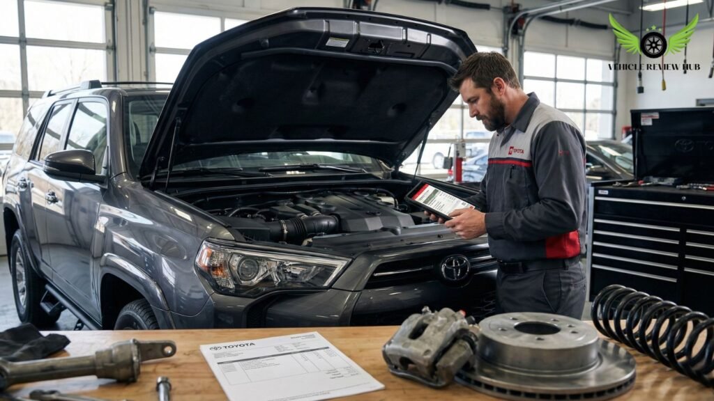 Mechanic reviewing Toyota 4Runner service cost and maintenance inspection