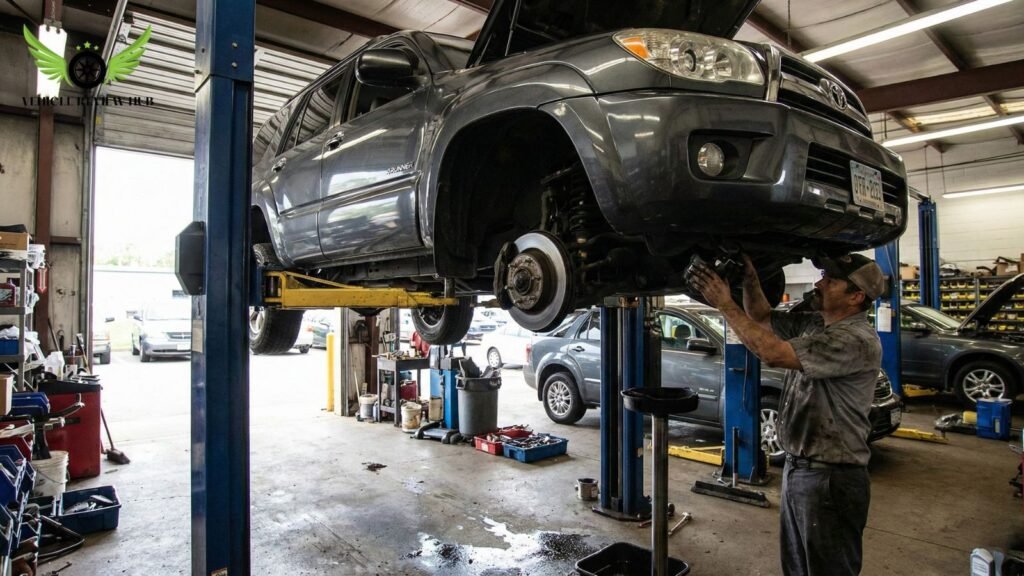 Toyota 4Runner in repair garage with mechanic reviewing maintenance and insurance related costs