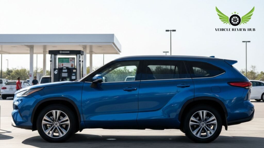 Toyota Grand Highlander hybrid at fuel station showing fuel cost and ownership expense