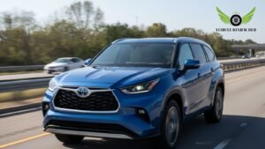 Toyota Grand Highlander hybrid driving on highway showing real-world MPG and fuel efficiency