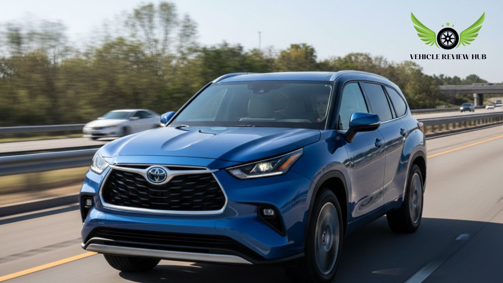 Toyota Grand Highlander hybrid driving on highway showing real-world MPG and fuel efficiency