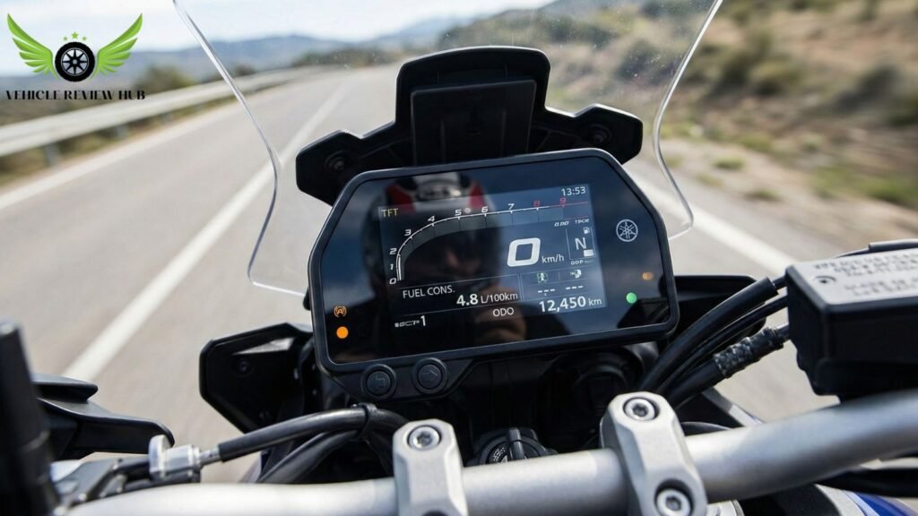 Yamaha Tracer 9 GT digital display showing fuel economy during real riding
