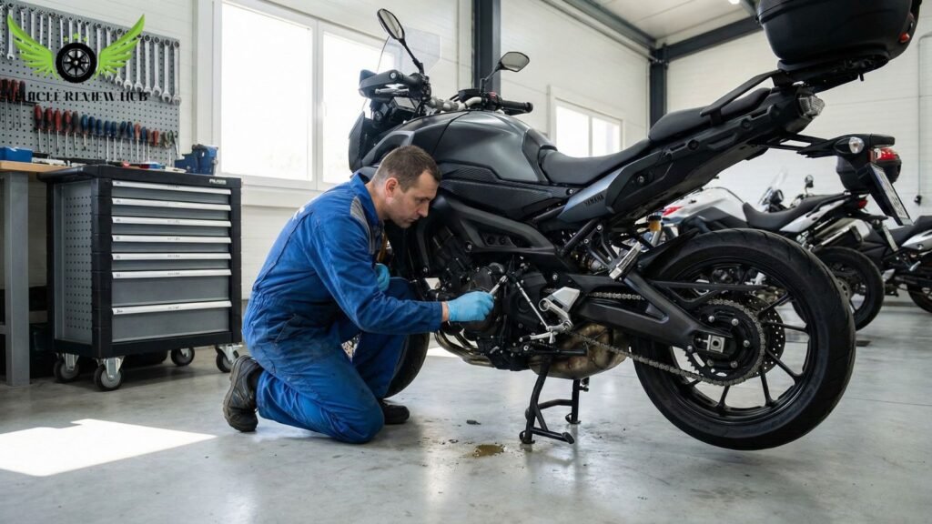 Yamaha Tracer 9 GT undergoing routine maintenance and inspection