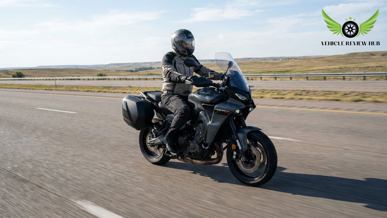 Yamaha Tracer 9 GT sport touring motorcycle on a highway in the USA