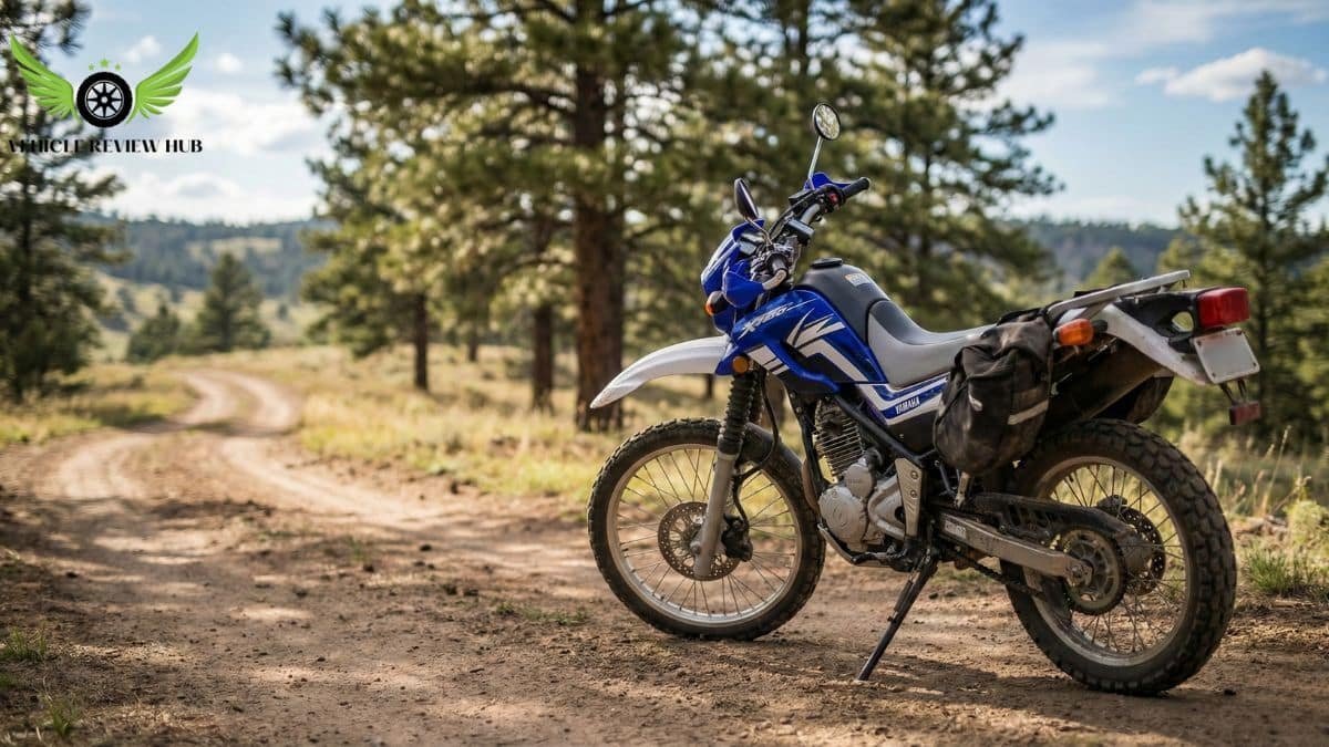 Yamaha XT250 dual sport motorcycle parked on a dirt trail in the USA