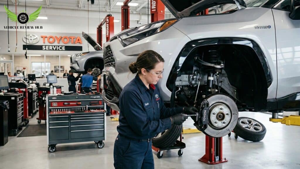 Toyota technician performing brake and multi-point inspection during 60000 mile service