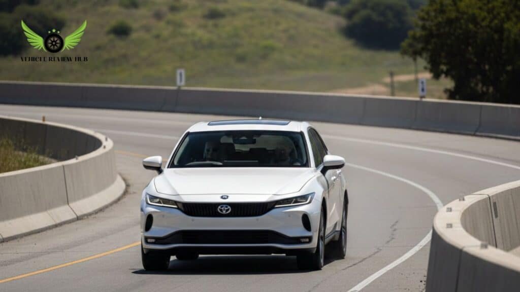 Toyota Crown Signia cornering on curved highway ramp showing stable handling