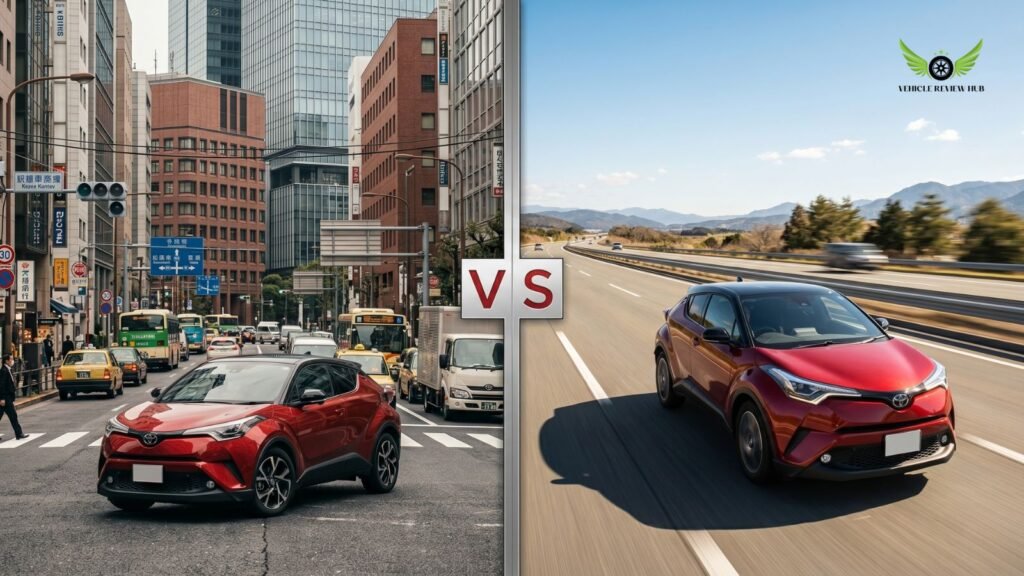 Toyota C-HR driving in city traffic and highway showing performance difference