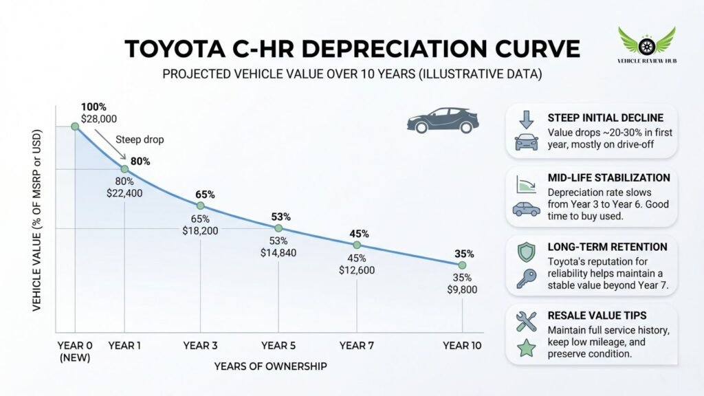 Toyota C-HR depreciation infographic showing resale value over time