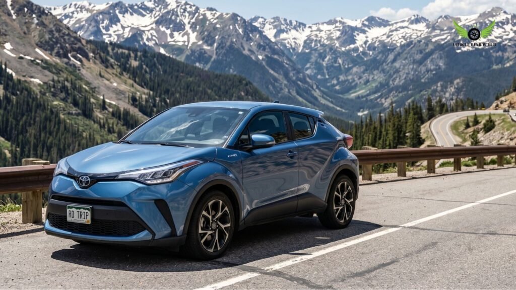 Toyota C-HR on long road trip showing driving range and fuel efficiency