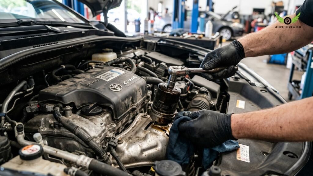 Toyota C-HR engine during oil change service showing maintenance process | Toyota C-HR Maintenance Cost
