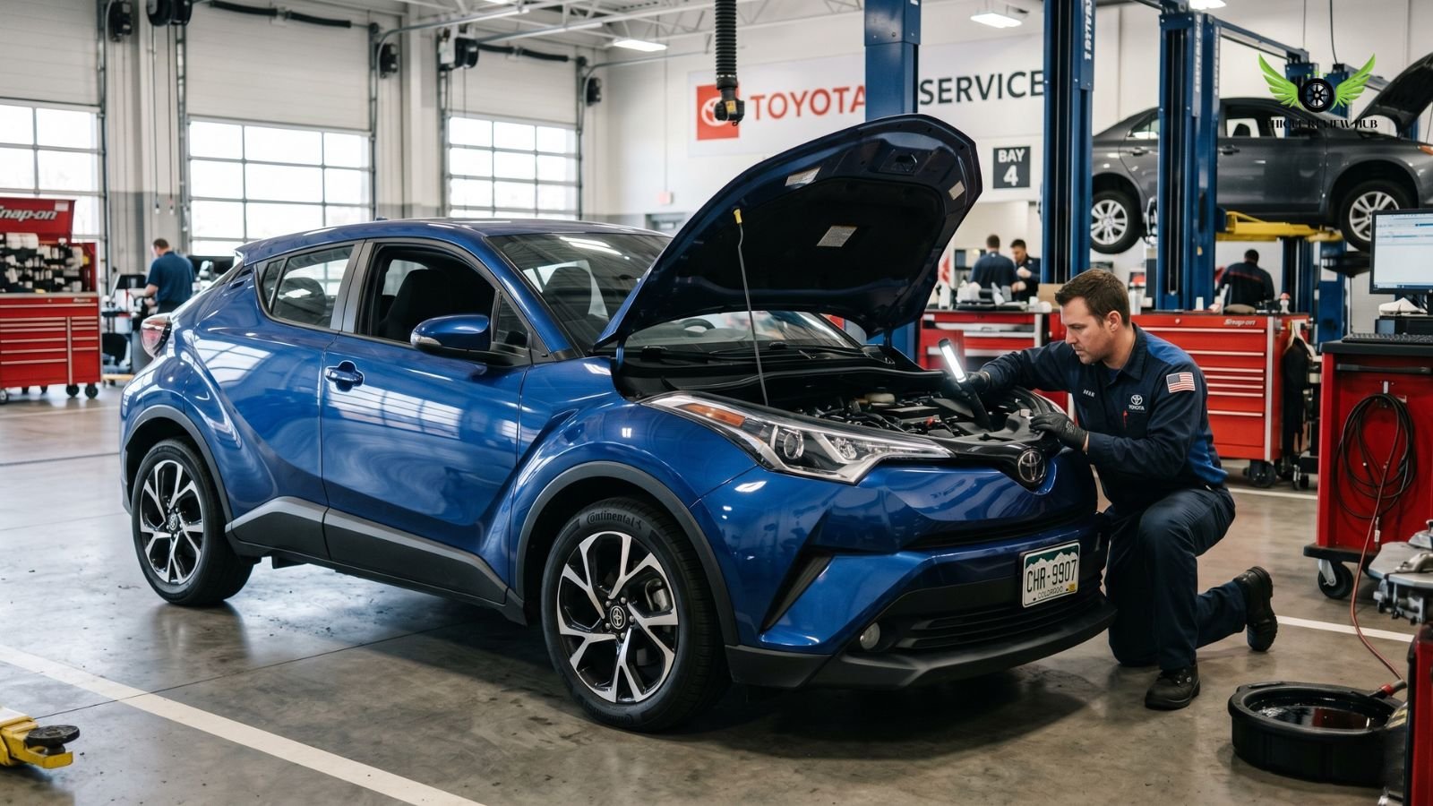 Toyota C-HR in service workshop showing maintenance and inspection