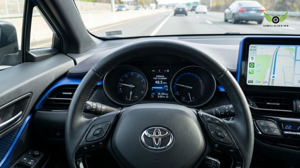 Toyota C-HR Mileage dashboard showing MPG fuel economy display in real driving