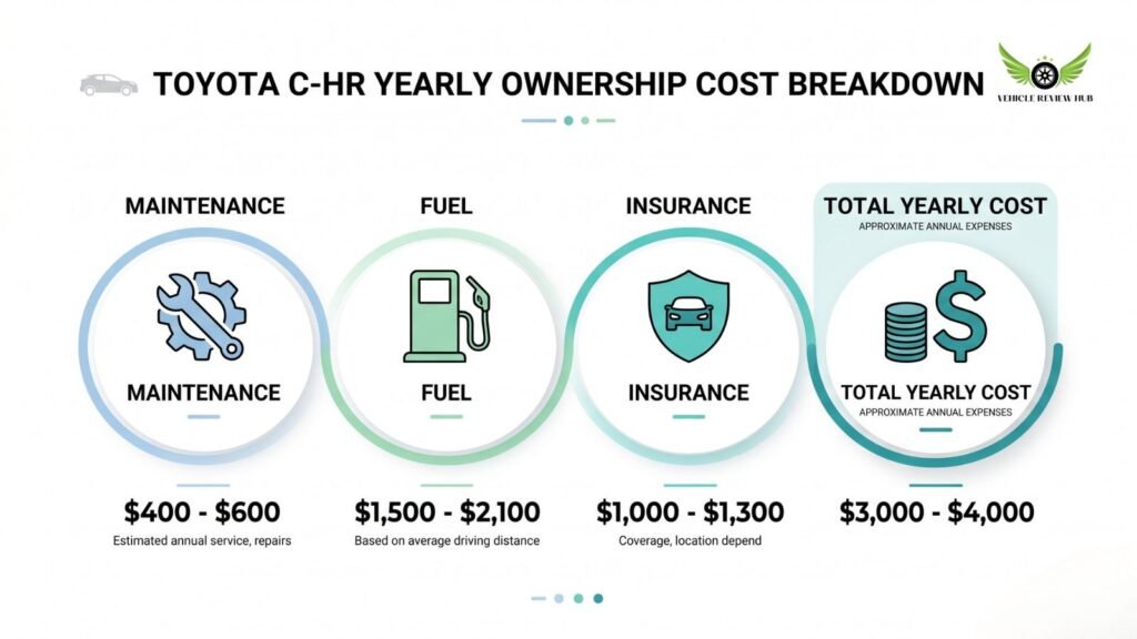 Toyota C-HR ownership cost infographic showing maintenance fuel and insurance breakdown