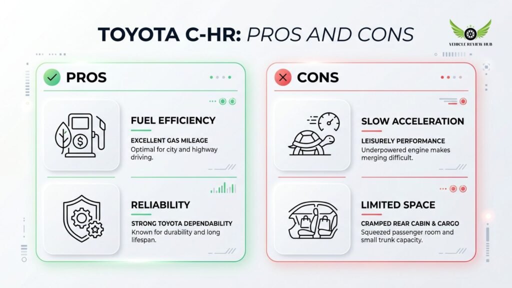 Toyota C-HR pros and cons infographic showing strengths and weaknesses clearly