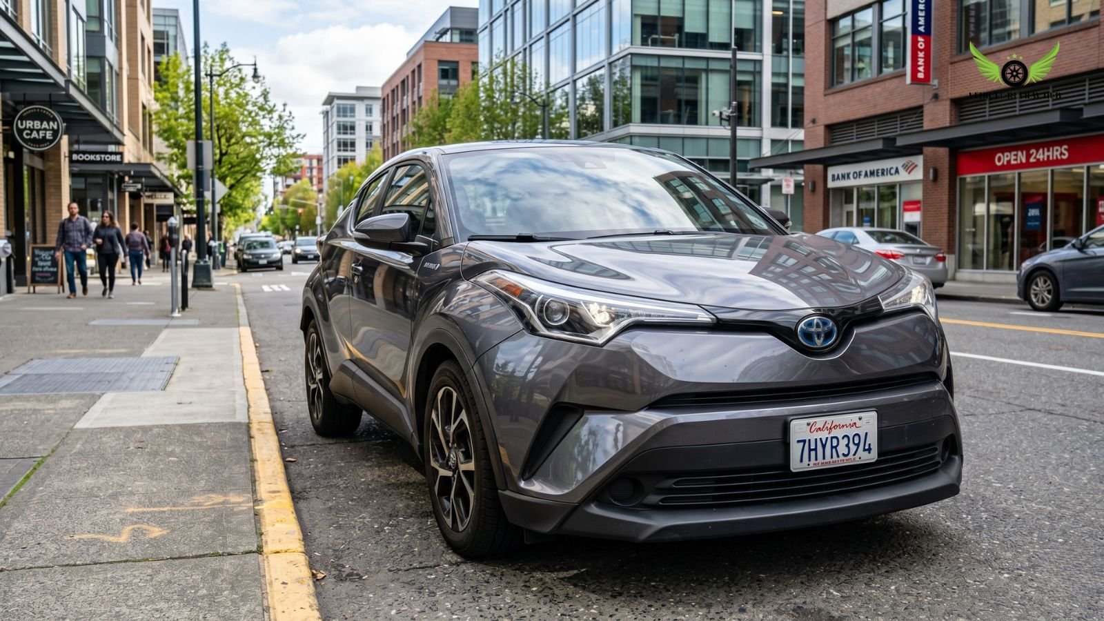 Toyota C-HR front view in urban USA road showing stylish compact SUV design