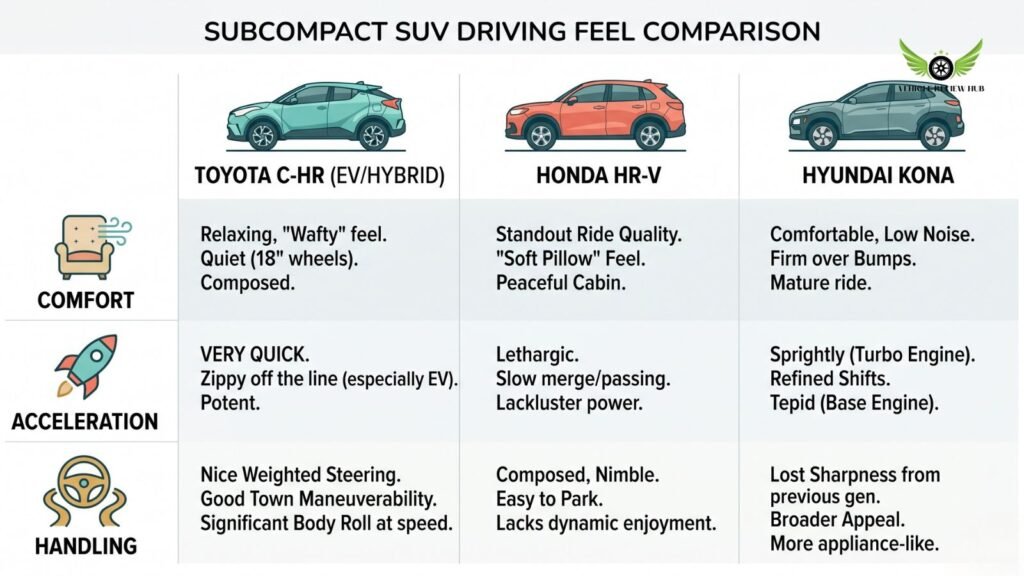 Toyota C-HR vs Honda HR-V vs Hyundai Kona driving experience comparison infographic