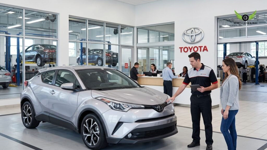 Toyota C-HR at dealership service center showing warranty and service support