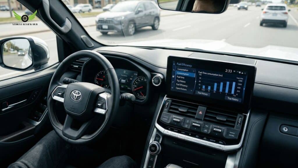 Toyota Land Cruiser hybrid fuel efficiency dashboard and real world MPG performance