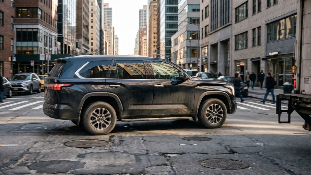 Toyota Sequoia driving in city traffic showing real mileage