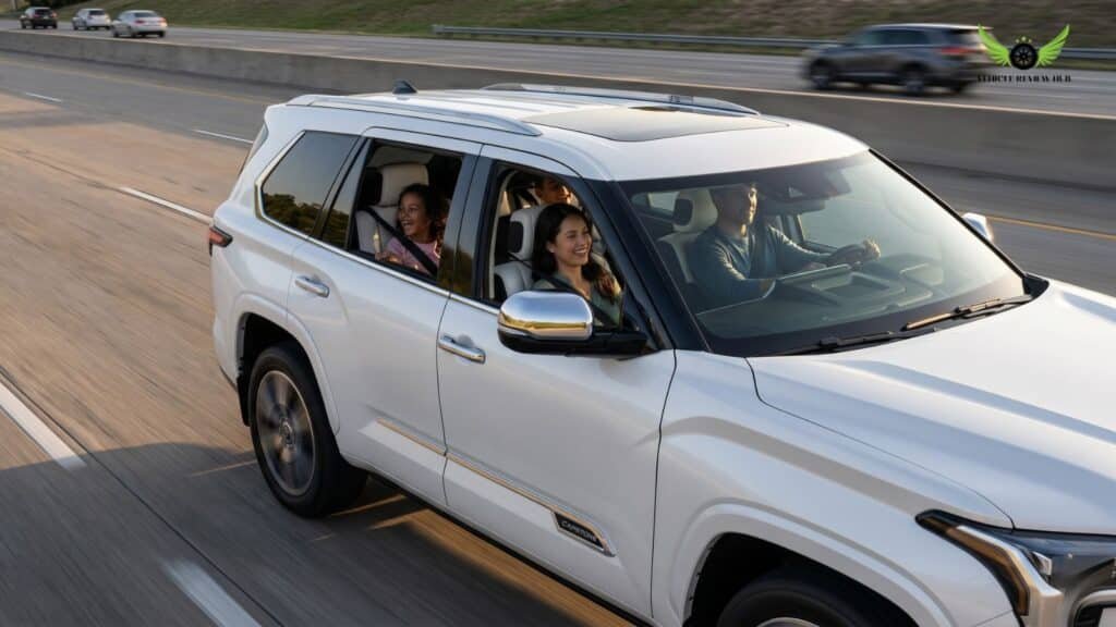 Family driving Toyota Sequoia on a highway