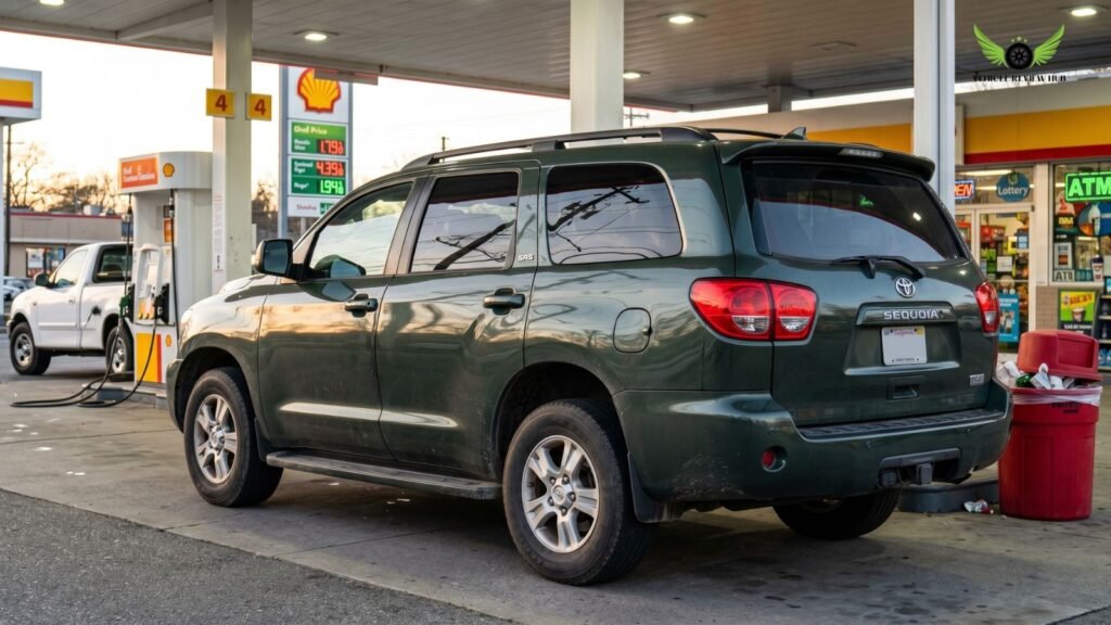 Toyota Sequoia parked at gas station during road trip