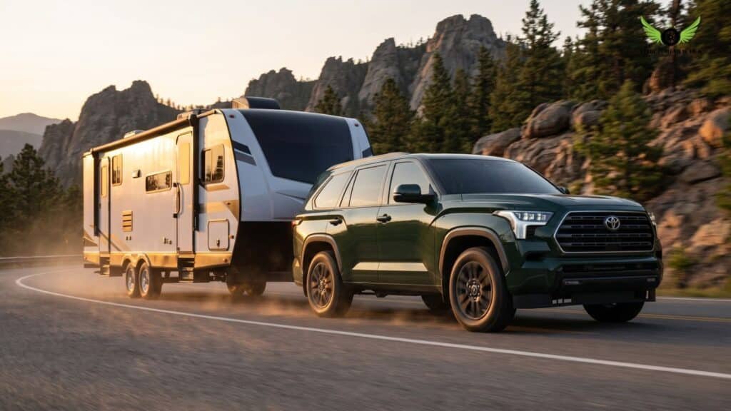 Toyota Sequoia towing trailer on highway showing performance