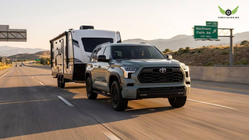 Toyota Sequoia towing a camper trailer on a highway