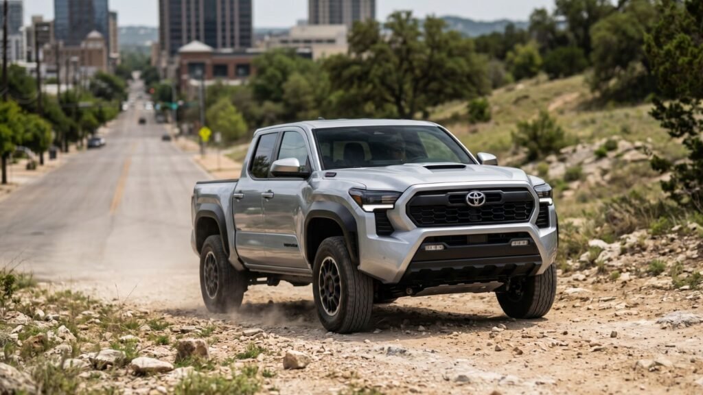 Toyota Tacoma driving from city road to off road terrain realistic usage
