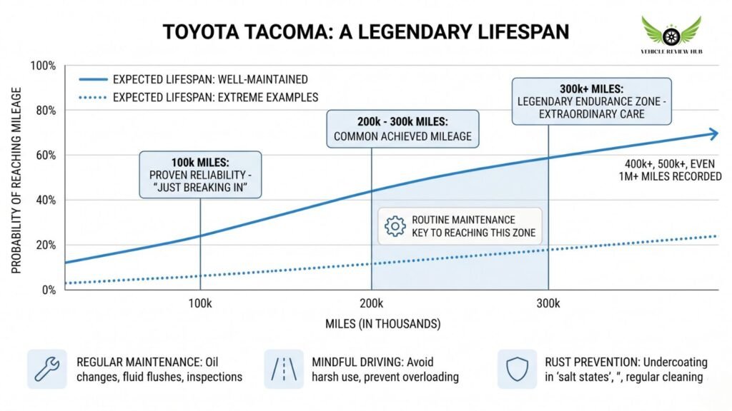 graph showing Toyota Tacoma lifespan reaching 200000 to 300000 miles