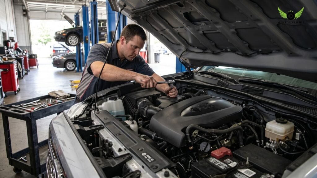 Toyota Tacoma Maintenance Cost | mechanic servicing Toyota Tacoma engine in garage showing routine maintenance