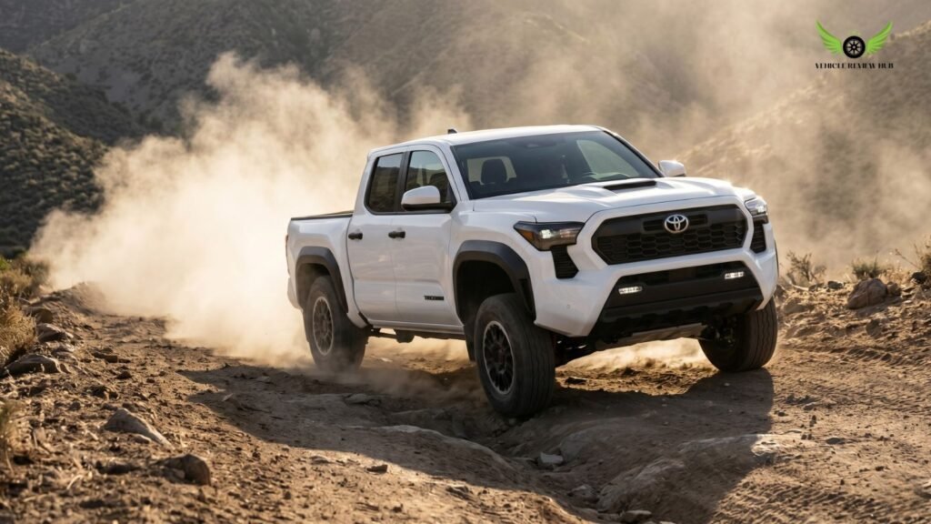 Toyota Tacoma driving on rugged road showing durability and long term reliability
