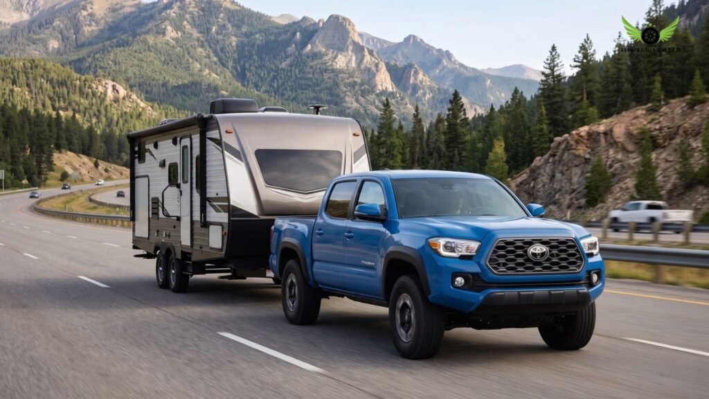 Toyota Tacoma towing trailer on highway showing towing capability