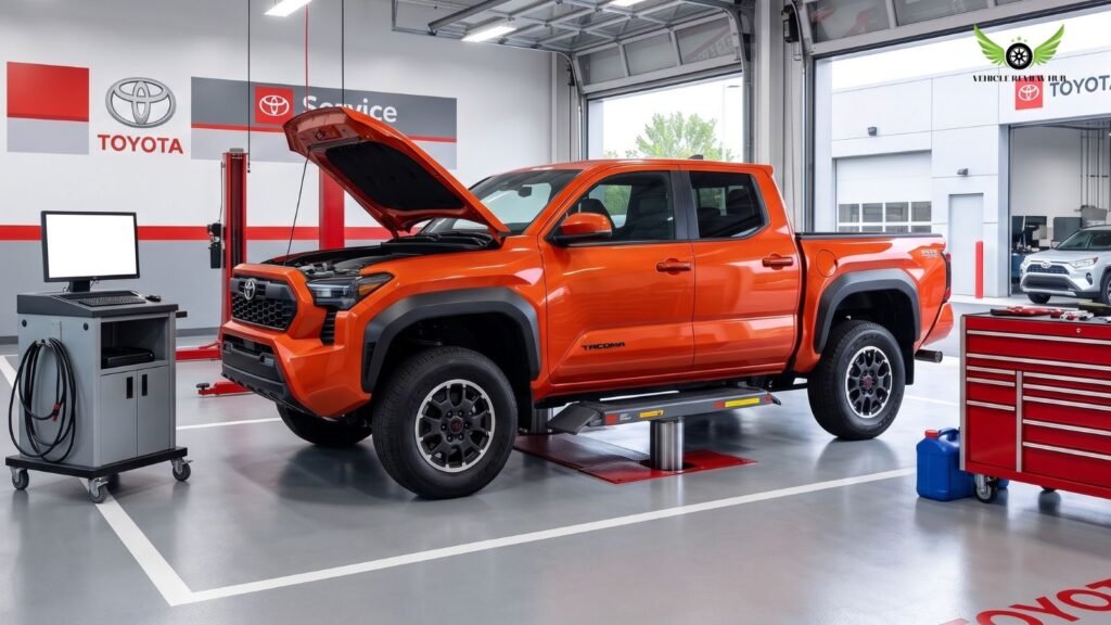 Toyota Tacoma inside service center for warranty inspection and maintenance