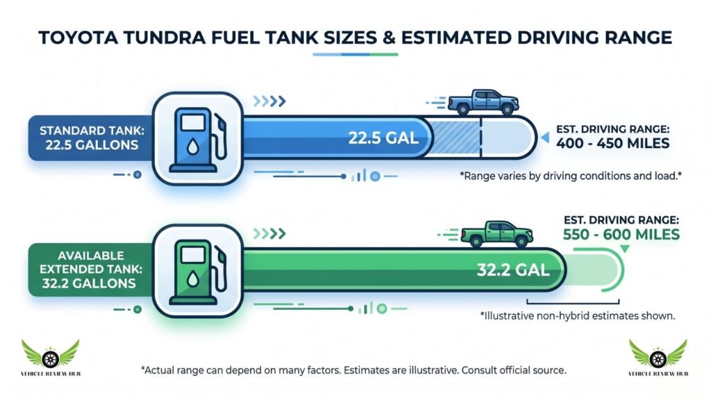 Toyota Tundra fuel tank size and driving range infographic