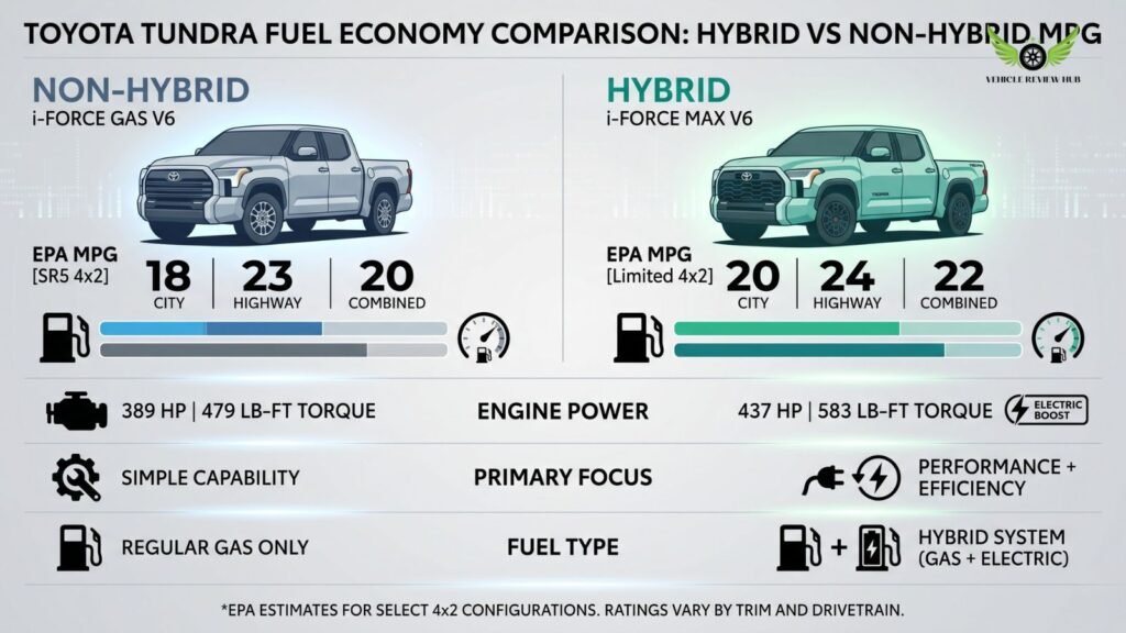 Toyota Tundra hybrid vs non hybrid MPG comparison infographic