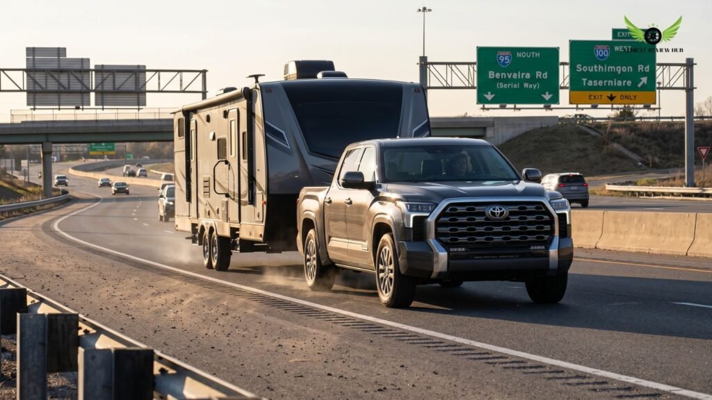 Toyota Tundra towing trailer on highway