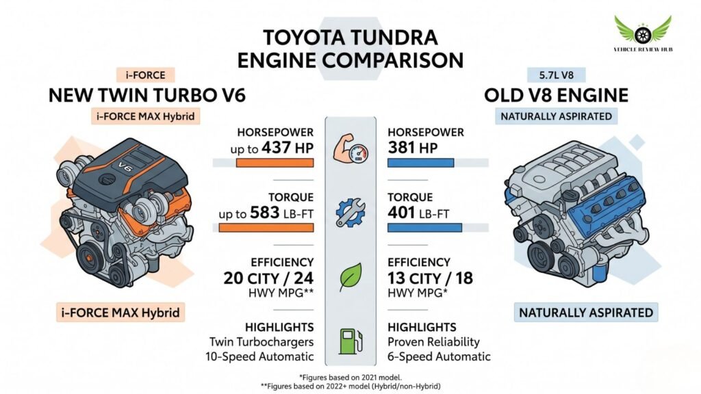 Toyota Tundra V6 vs V8 engine comparison infographic