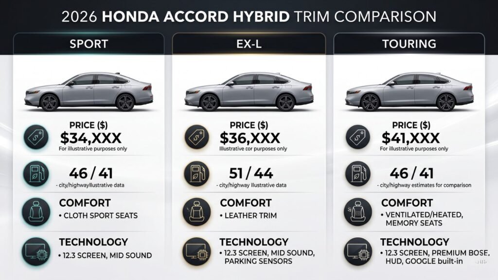 2026 Honda Accord Hybrid trim comparison infographic