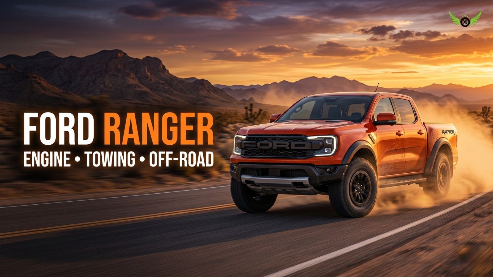 2026 Ford Ranger driving on an American desert highway during sunset