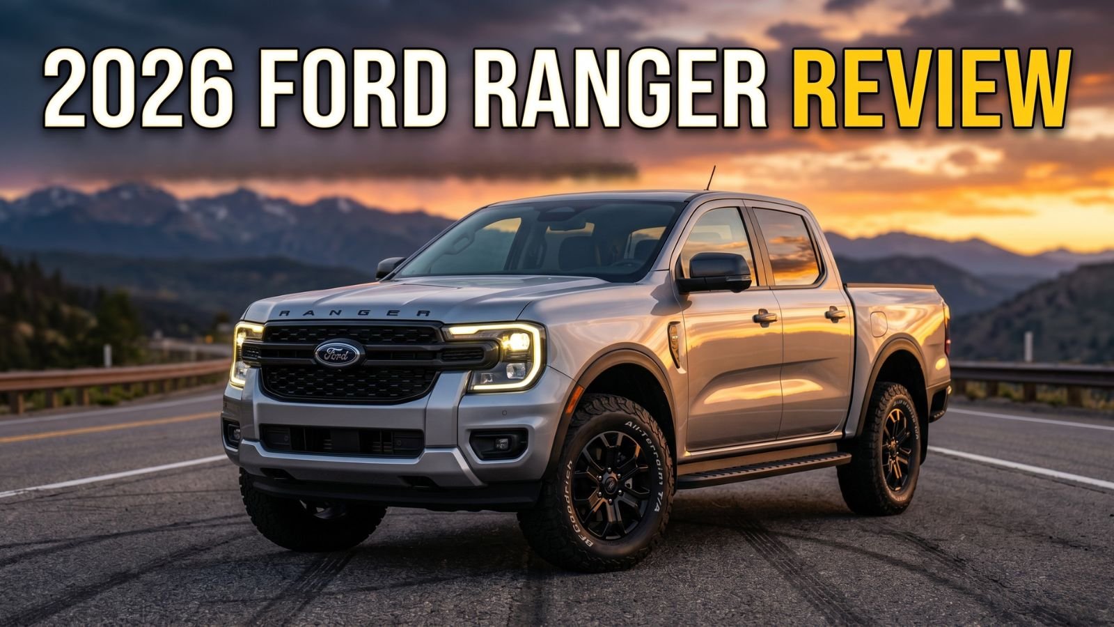 2026 Ford Ranger XLT parked on an American highway during sunset