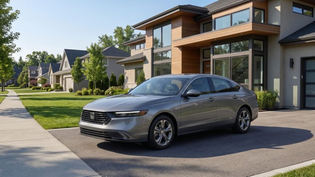 2026 Honda Accord parked near a modern American suburban home