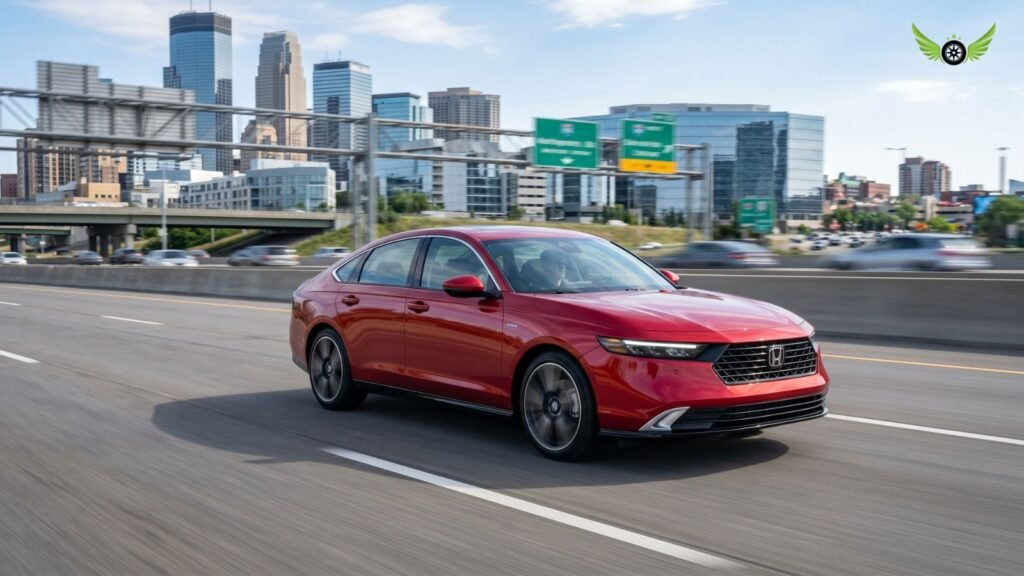 2026 Honda Accord Hybrid driving through a modern American city highway