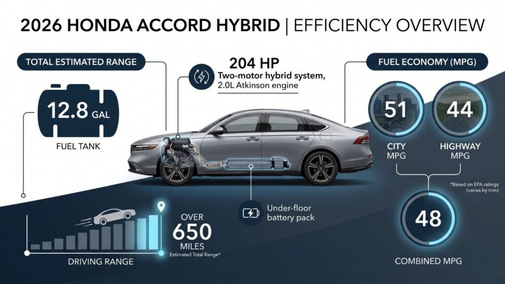 Driving range infographic for the 2026 Honda Accord Hybrid