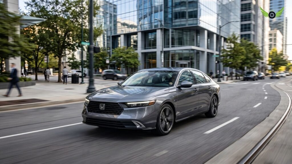 2026 Honda Accord Hybrid accelerating through a modern city road